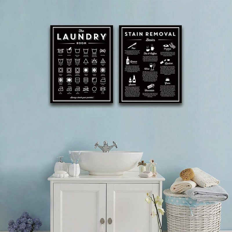 Ecyanlv Laundry Symbols Wall Art Canvas Stain Removal Sign Laundry Guide Wall Art Cleaning Poster Black White Pictures for Room Decor Housewarming Gift 16X20Inchx2 Unframed - Image 3